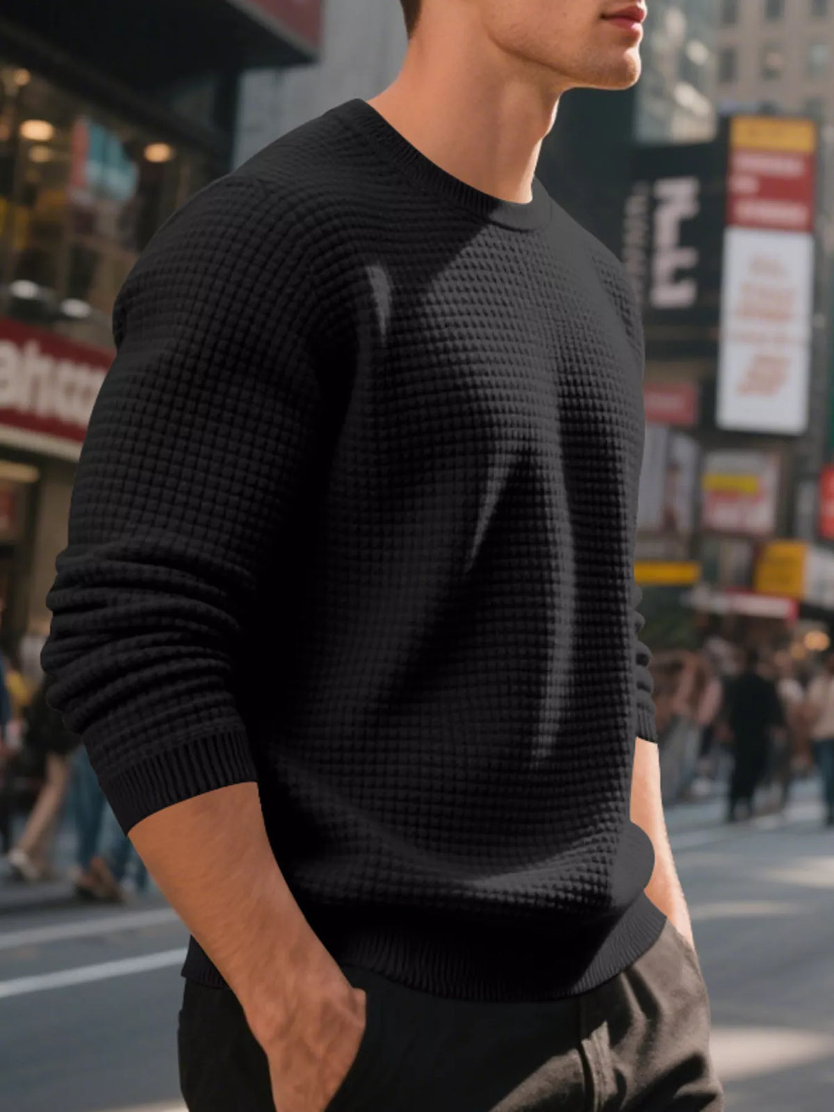 Men's Full Size Classic Waffle-Knit Crew Neck Sweatshirt Plus Size - Lilixa.store