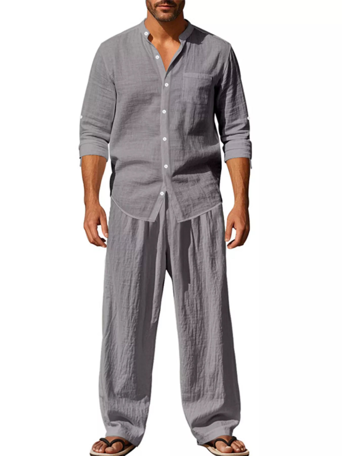Men's Full Size Button Up Long Sleeve Shirt and Pants Plus Size in Grey