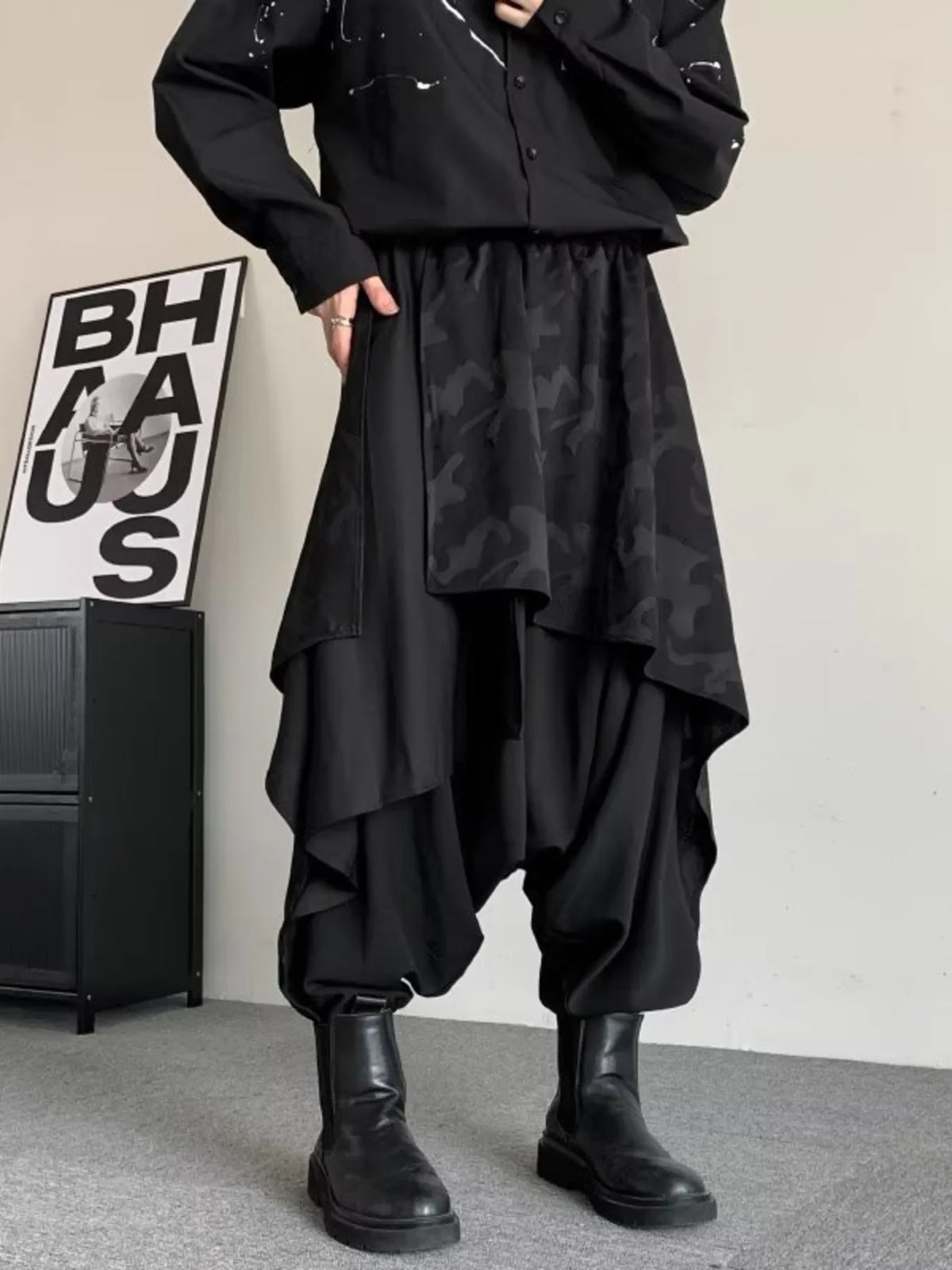 Men's Plus Size Asymmetrical Camo Waist Harem Pants in Black, view 2