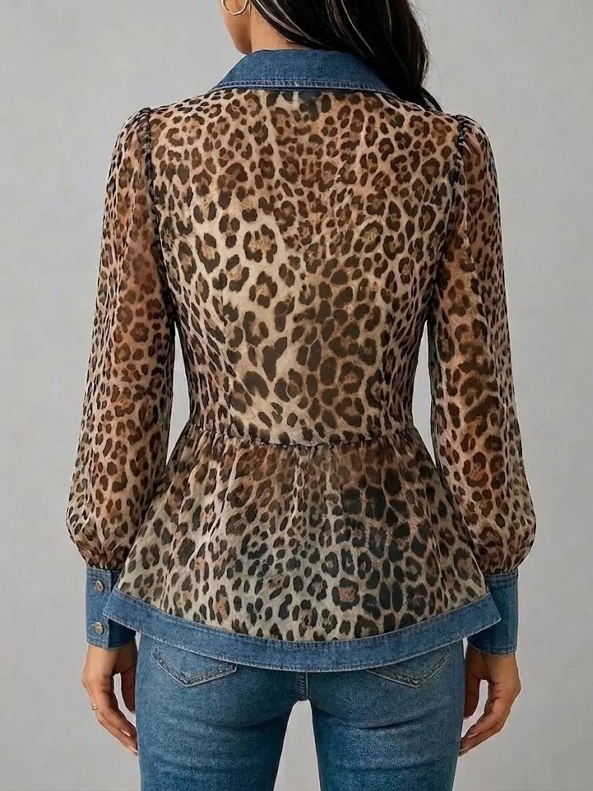 Denim Contrast Trim Leopard Shirt - Lilixa.store