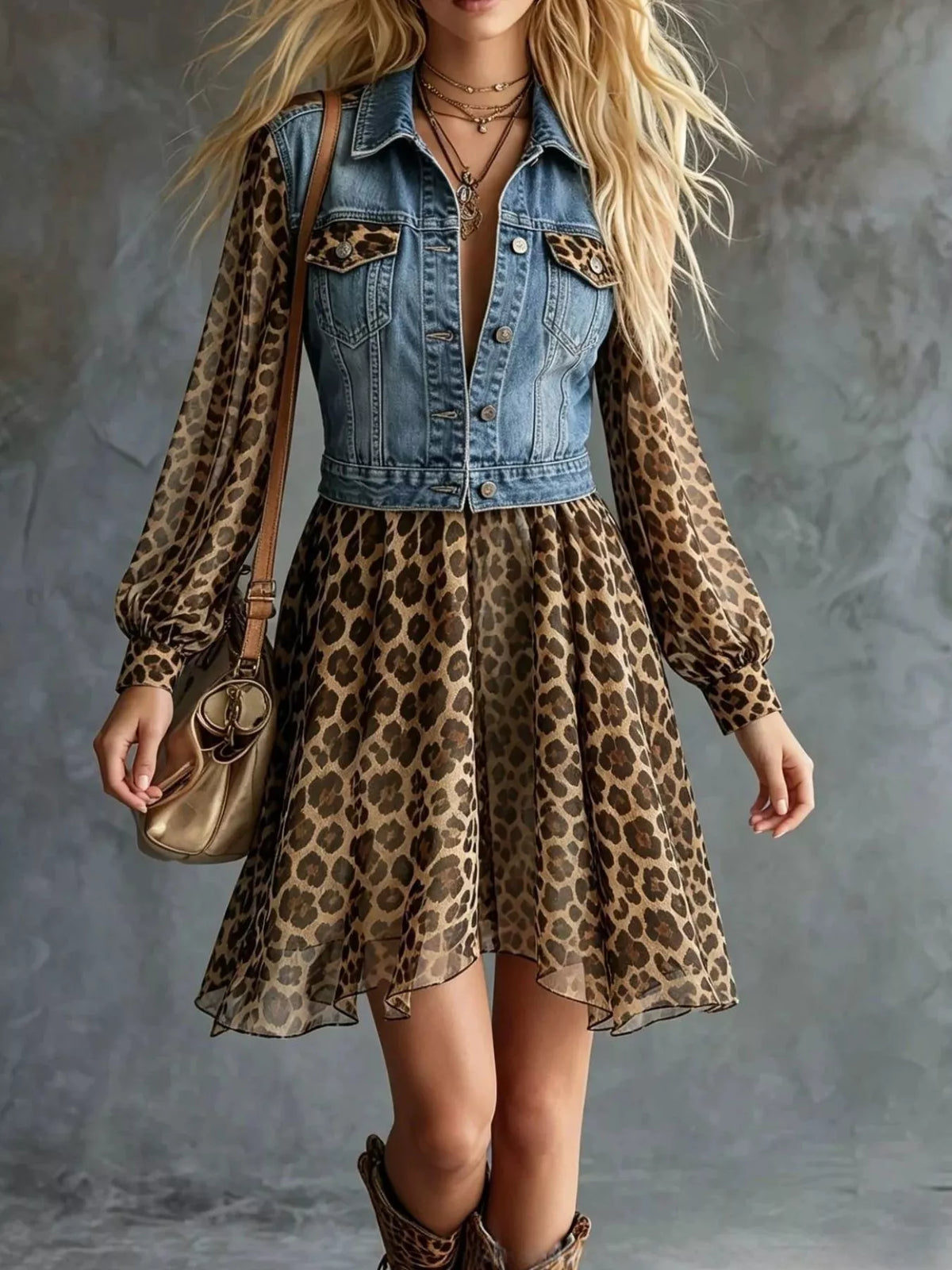 Full Size Denim Leopard Patchwork Mini Dress Plus Size - Lilixa.store
