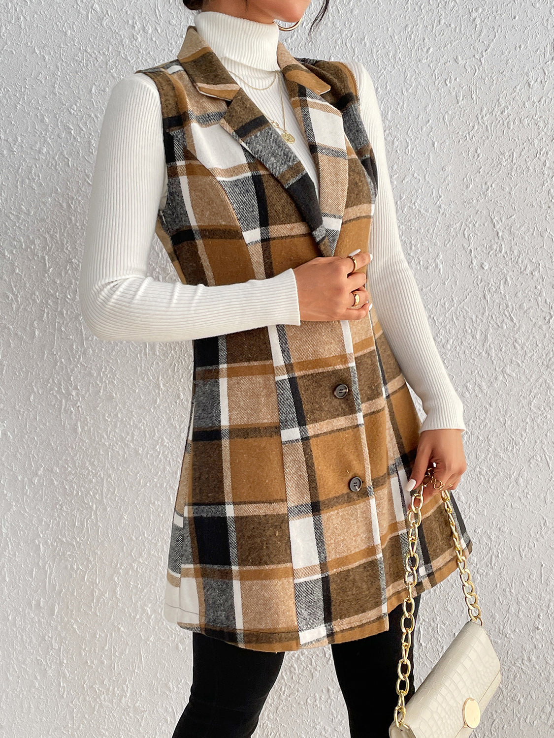 Honey Plaid Lapel Collar Vest in Camel, view 6