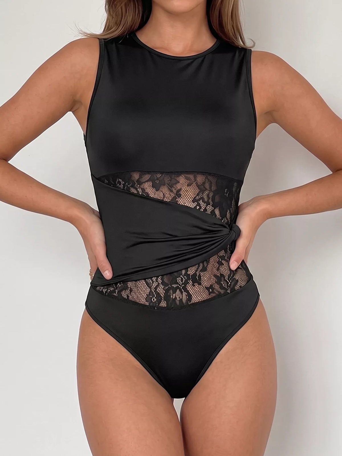 Sheer Lace Panel Sleeveless Bodysuit - Lilixa.store