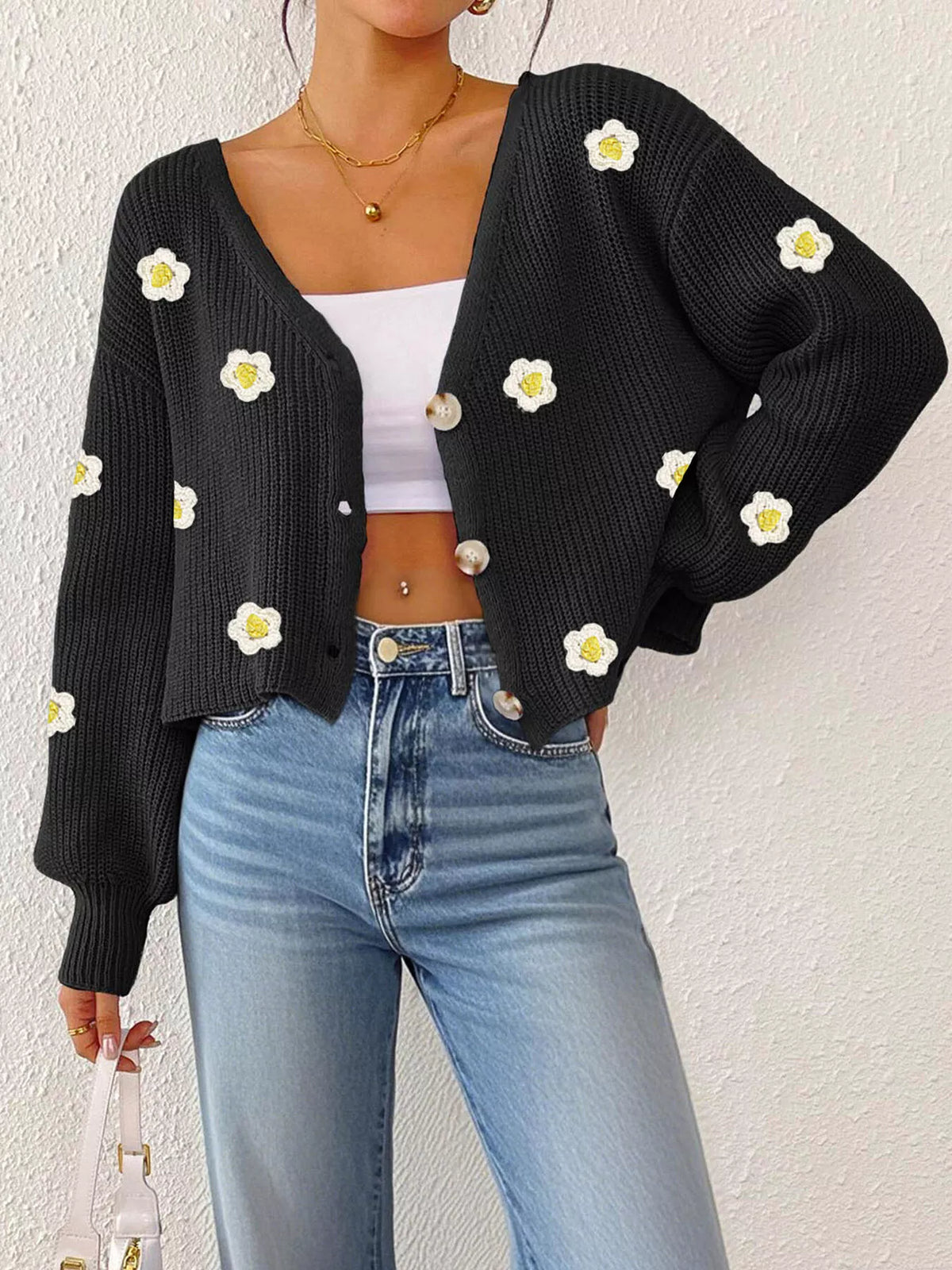 Floral V-Neck Button-Down Cropped Cardigan - Lilixa.store