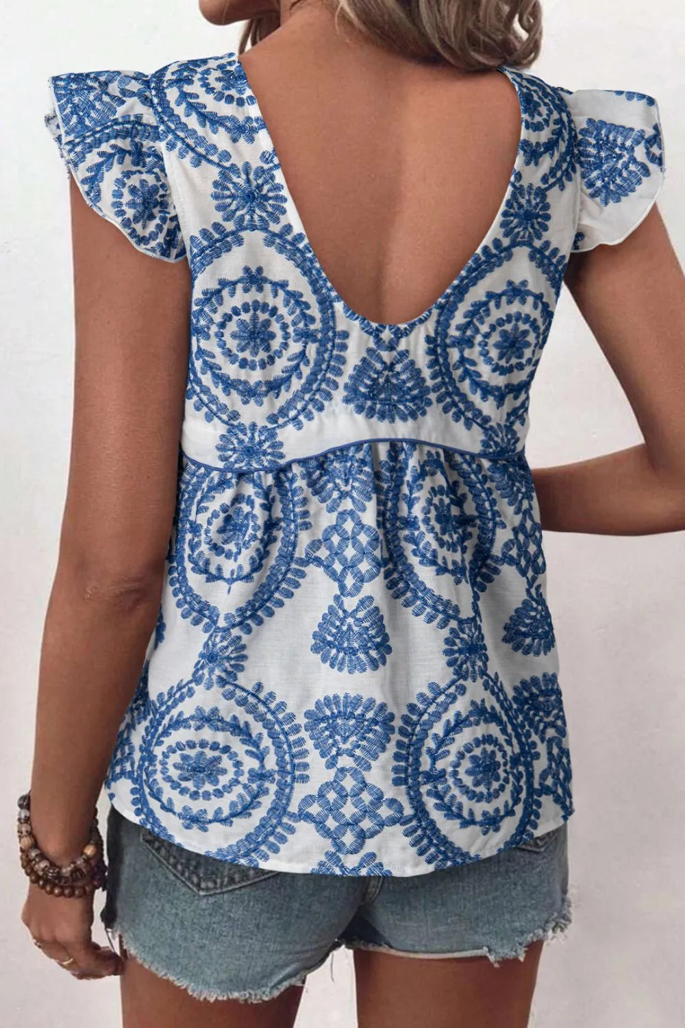 Boho Print Ruffled Cap Sleeve Crew Neck Blouse - Lilixa.store