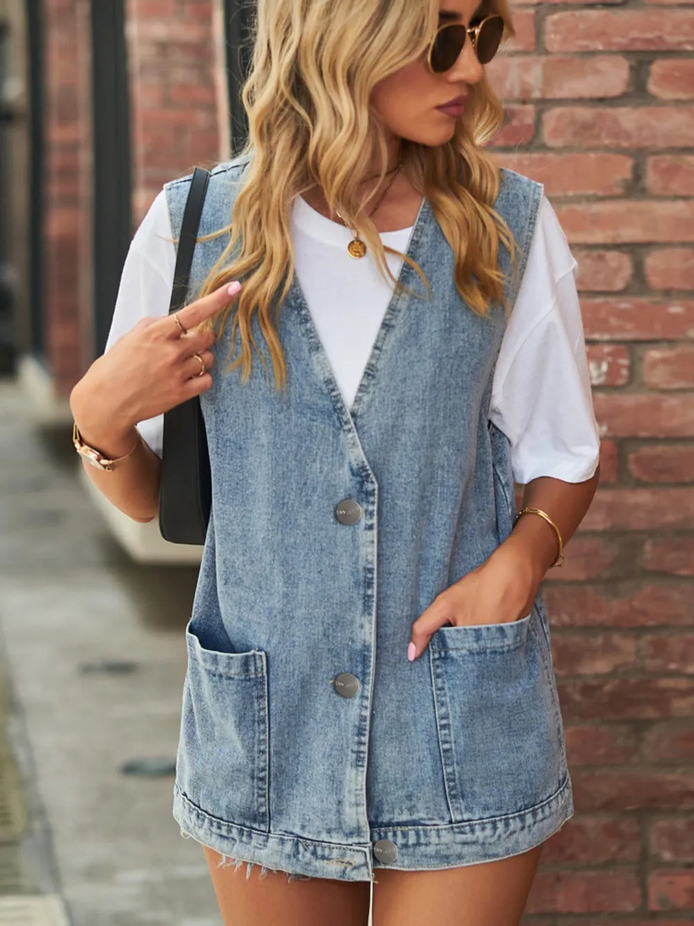 Full Size V-Neck Button Up Denim Vest - Lilixa.store