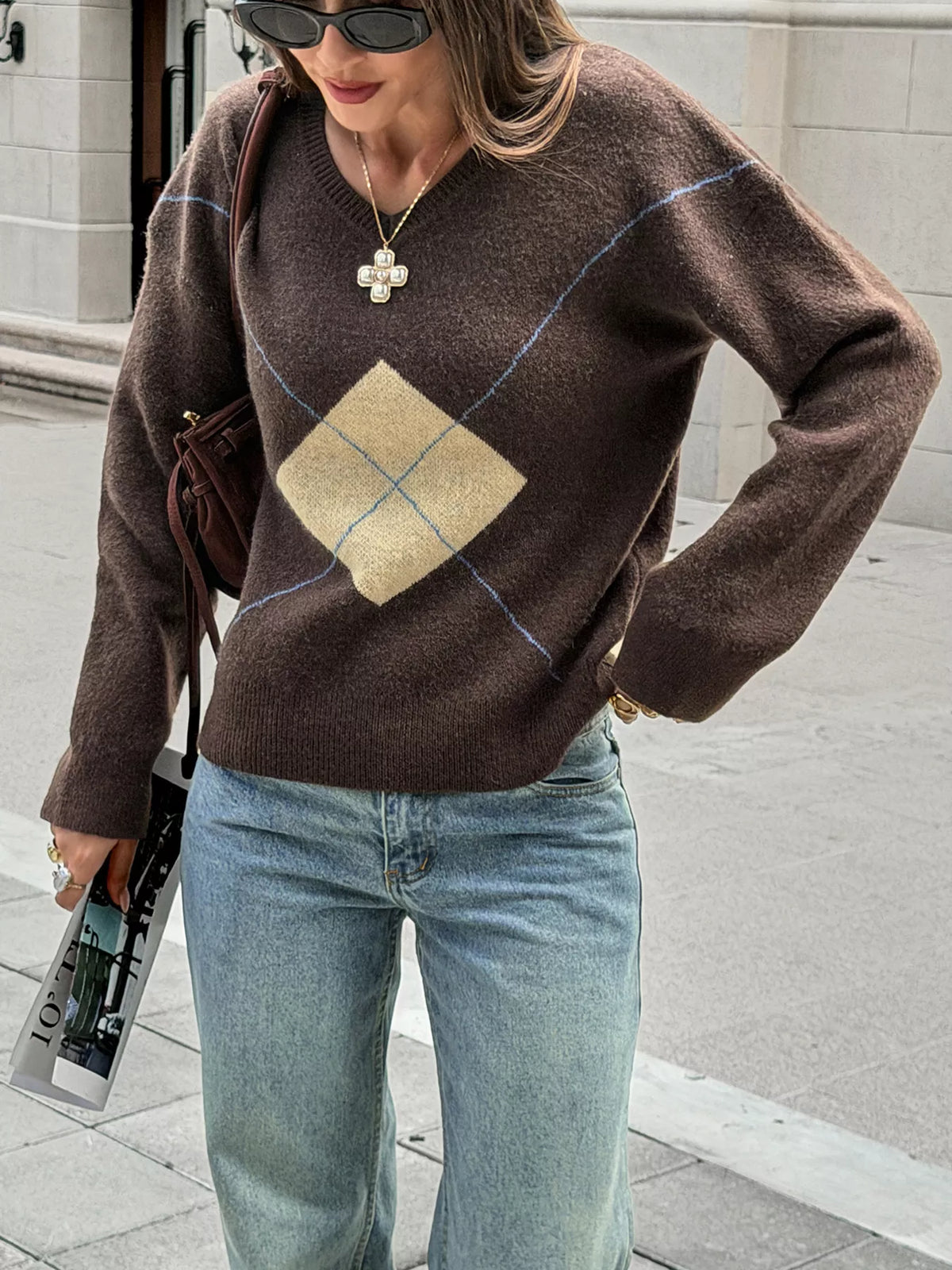 Argyle Pattern V-Neck Knit Sweater - Lilixa.store