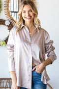 First Love Full Size Ditsy Dot Button Down Collared Satin Shirt in Sand