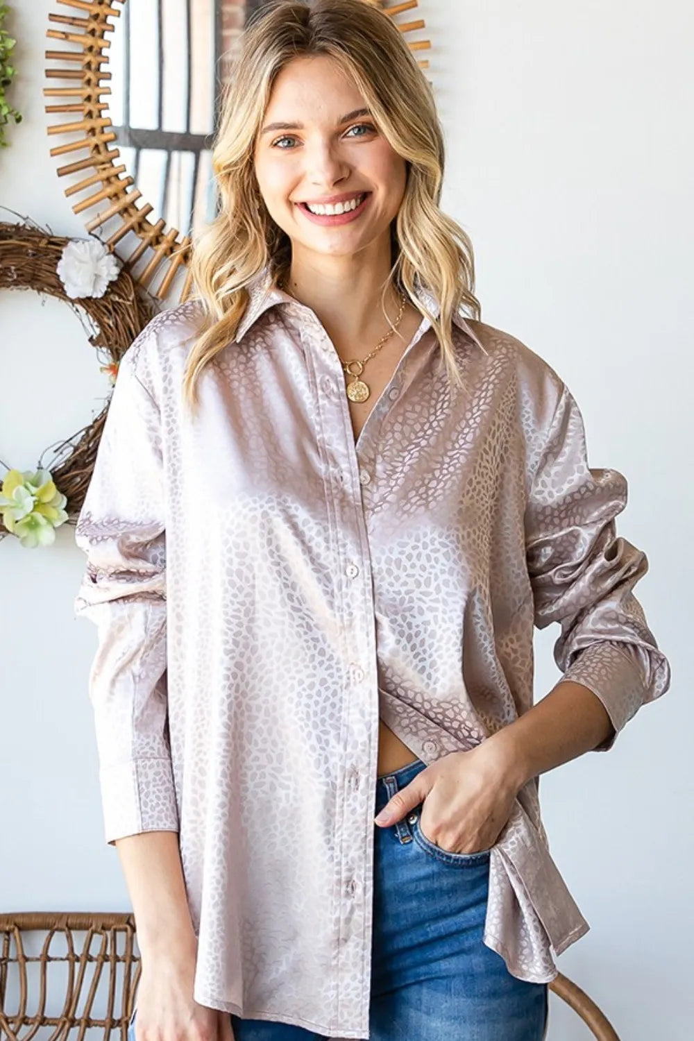 First Love Full Size Ditsy Dot Button Down Collared Satin Shirt - Lilixa.store