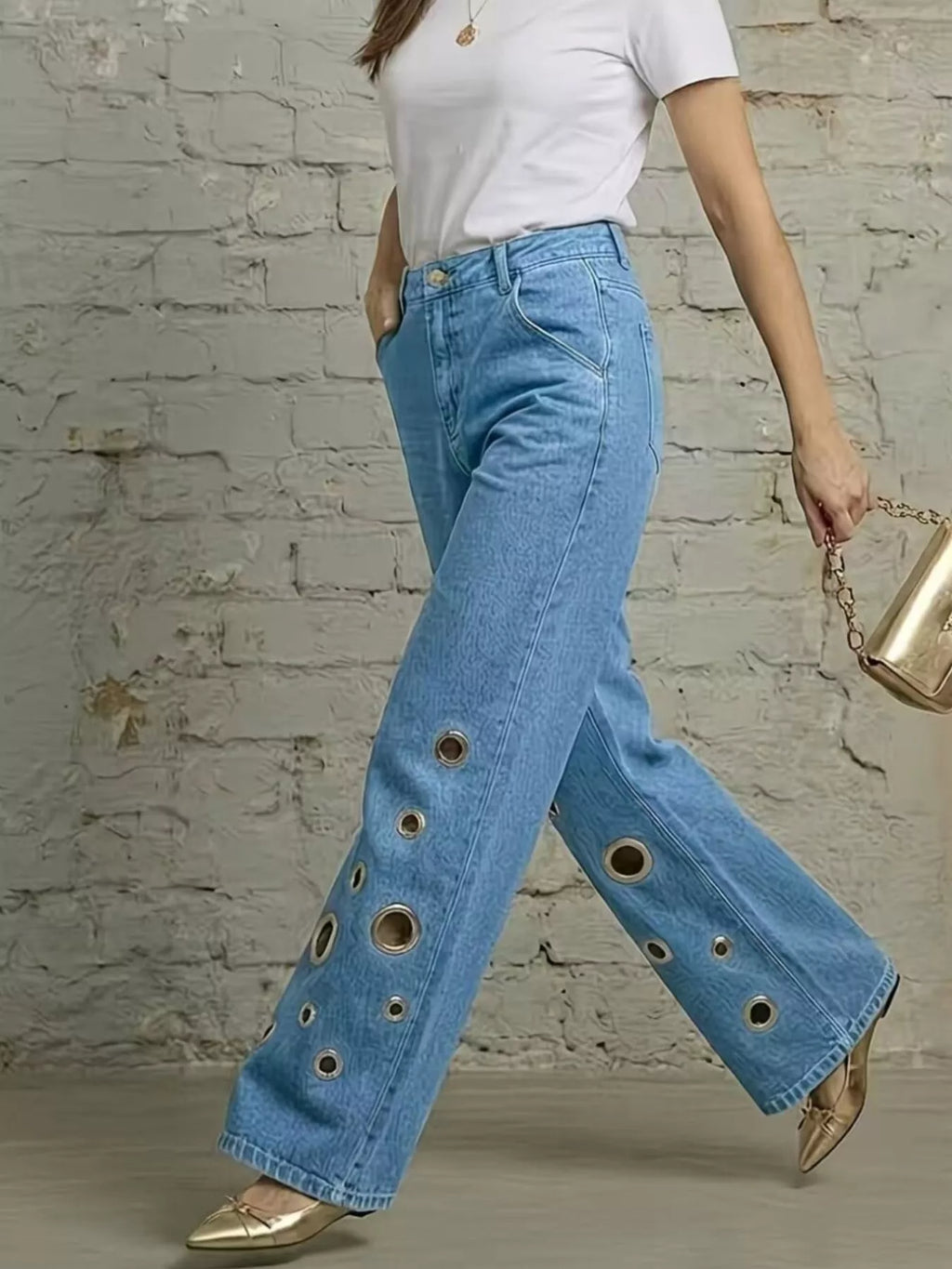 Wide Leg Jeans with Eyelet Details - Lilixa.store