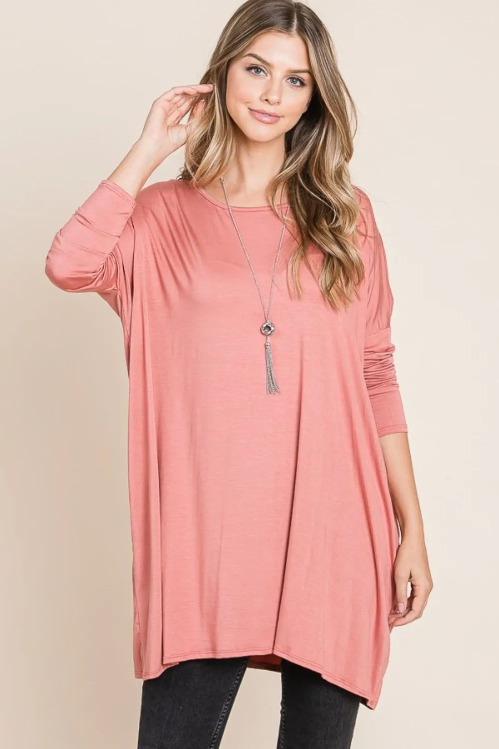 BOMBOM Round Neck Long Sleeve Oversized Top - Lilixa.store