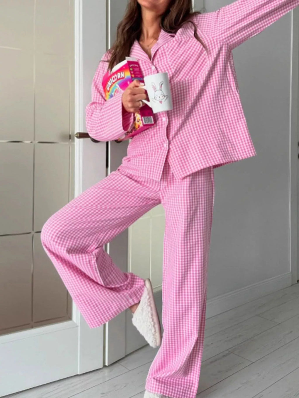 Gingham Button-Down Top and Pants Loungewear Set - Lilixa.store