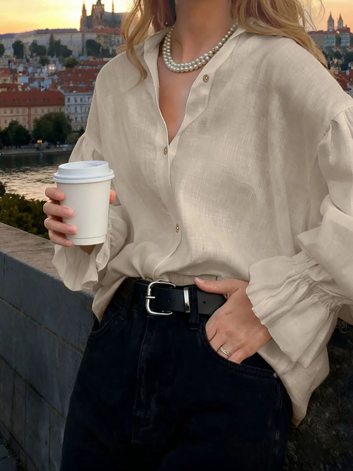 Button Up Flounce Sleeve Shirt in Beige, view 2