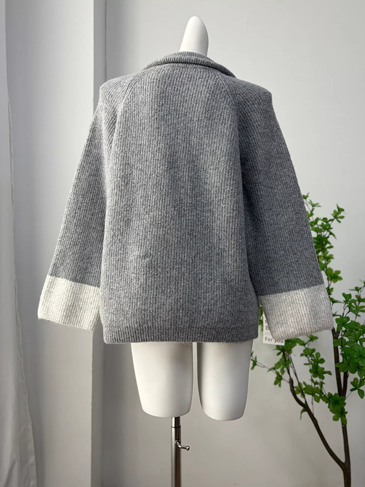 Zip-Up Contrast Cuff Cardigan and Pants Sweater Set, view 14