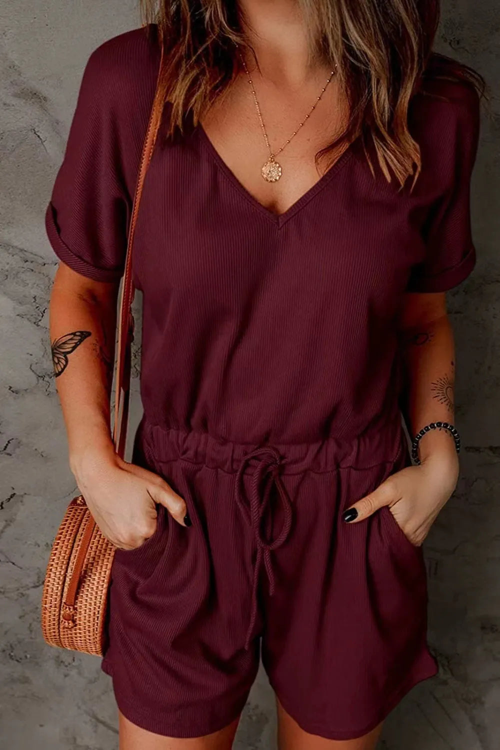 Full Size Drawstring V-Neck Short Sleeve Romper - Lilixa.store