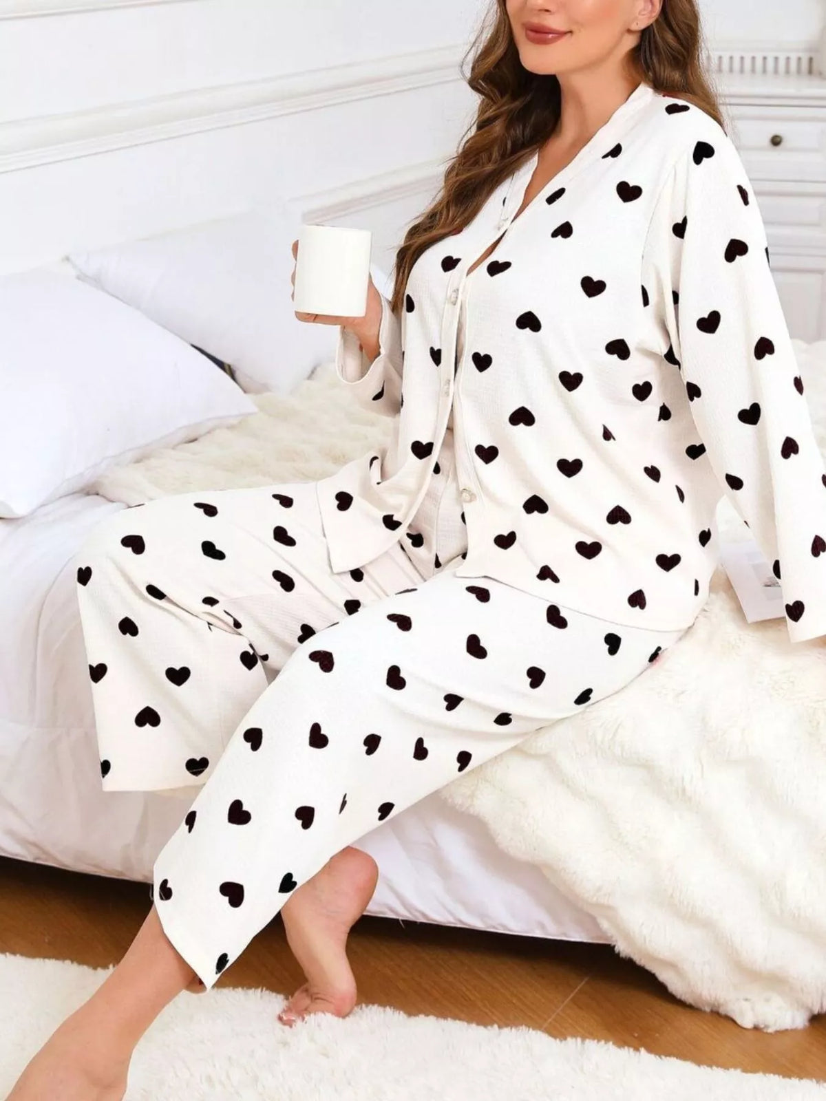 Plus Size Heart Print Button-Down Top and Pants Set