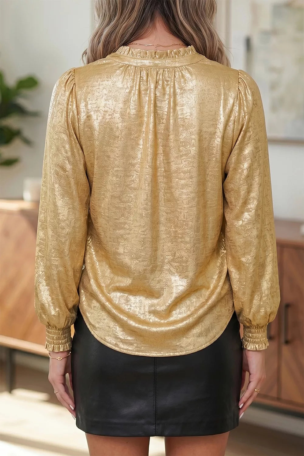 Metallic Sheen V Neck Gathered Cuff Long Sleeve Blouse in Gold, view 2