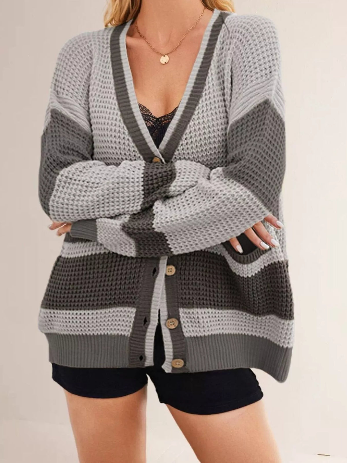 Color Block V-Neck Cardigan - Lilixa.store