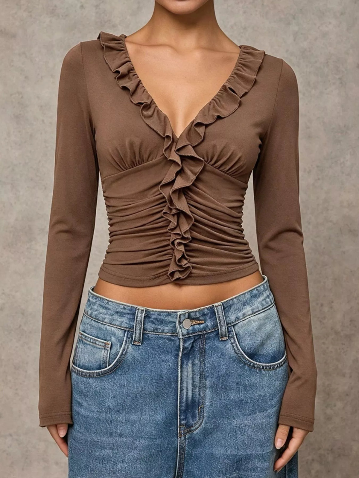 V-Neck Ruffle Trim Ruched Long Sleeve Slim Fit Top