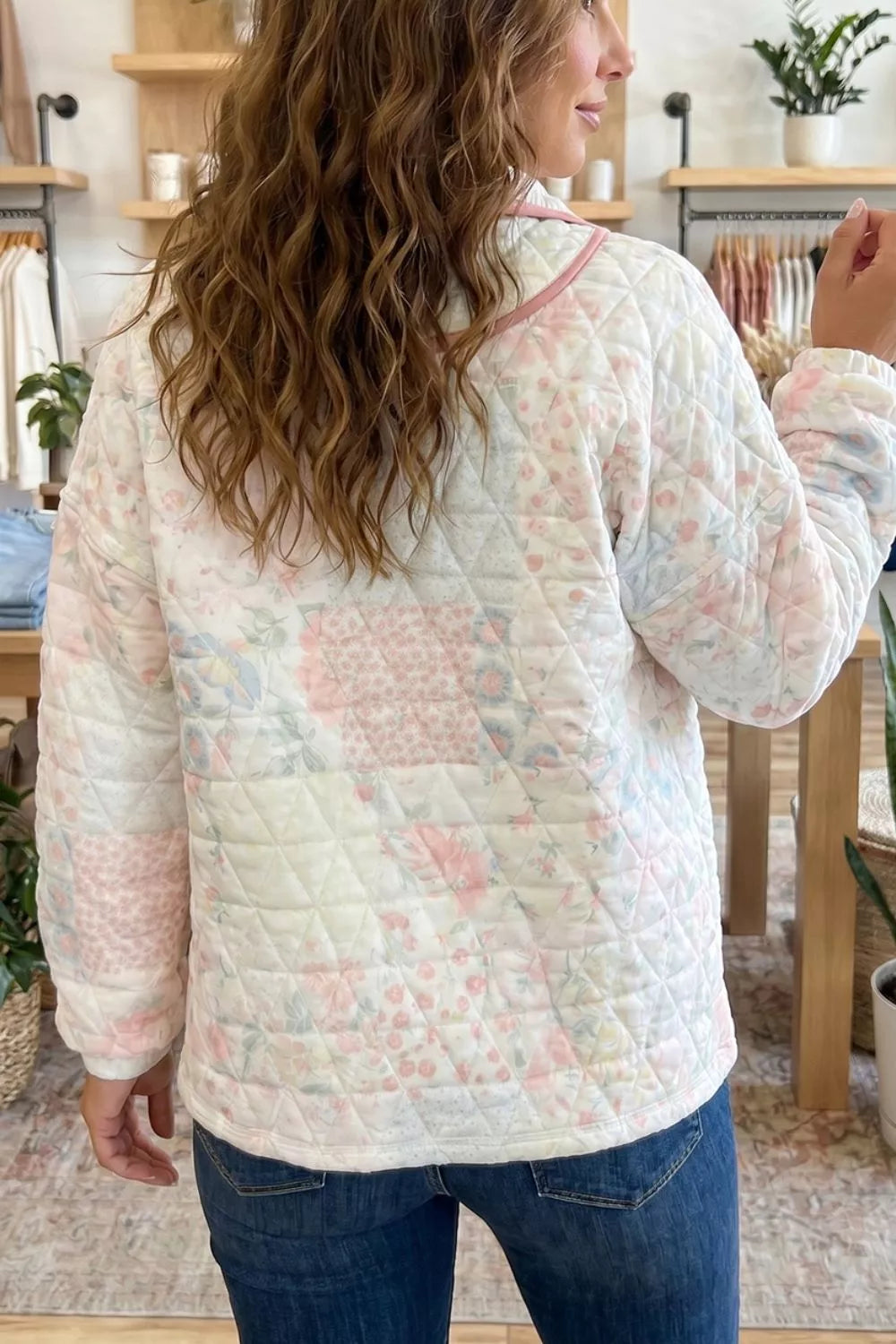 Floral Quilted Half Button Pocketed Pullover Sweatshirt - Lilixa.store