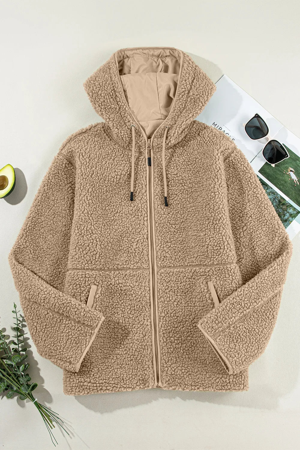 Drawstring Fleece Zip Up Hooded Jacket, view 6