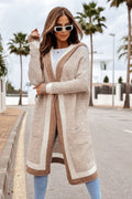 Pocketed Contrast Long Sleeve Hooded Cardigan - Lilixa.store