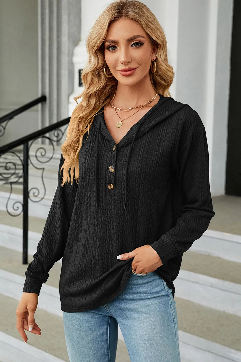 Drawstring Half Button Long Sleeve Hoodie - Lilixa.store