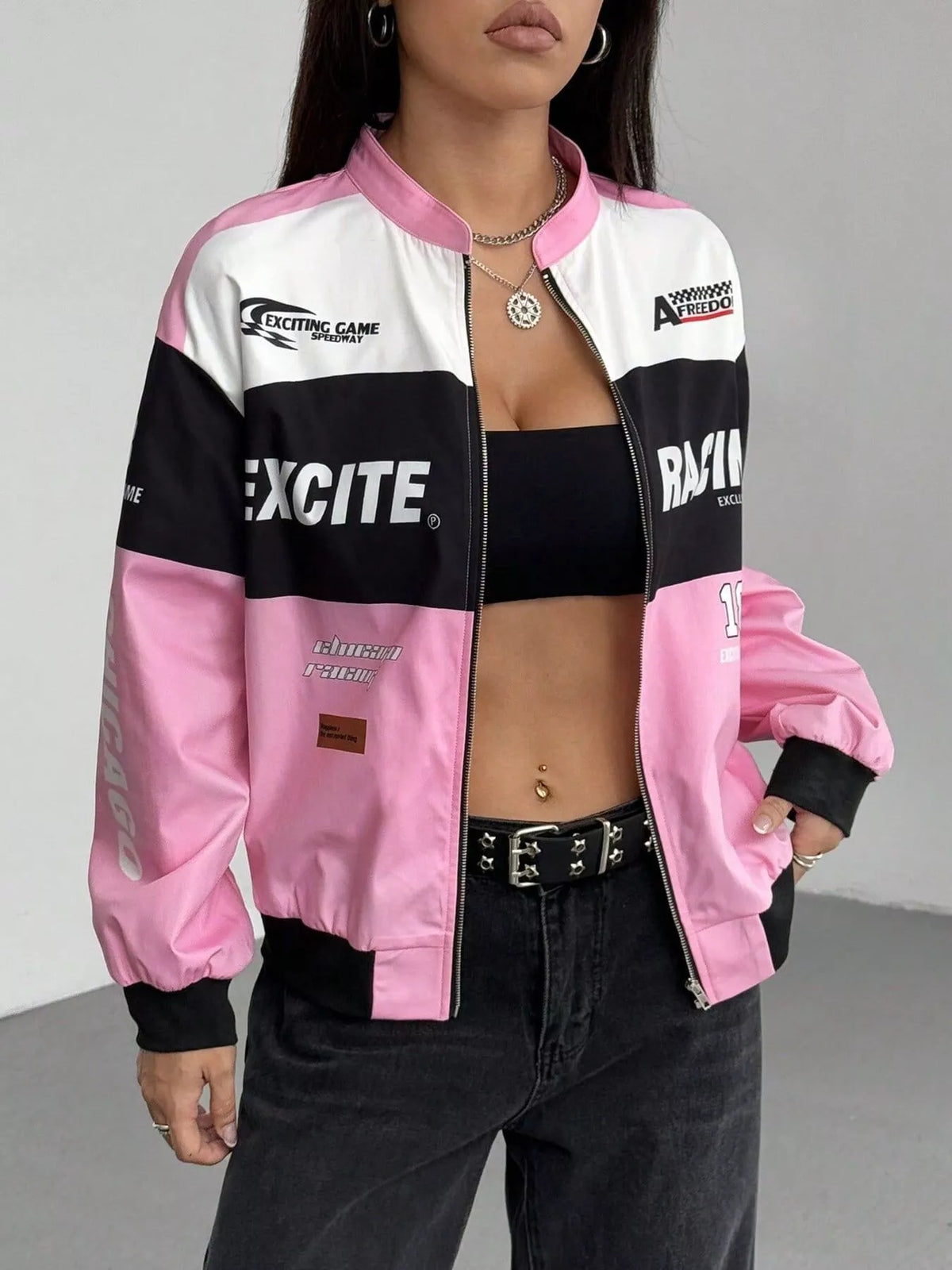 Letter Print Zip Up Jacket - Lilixa.store