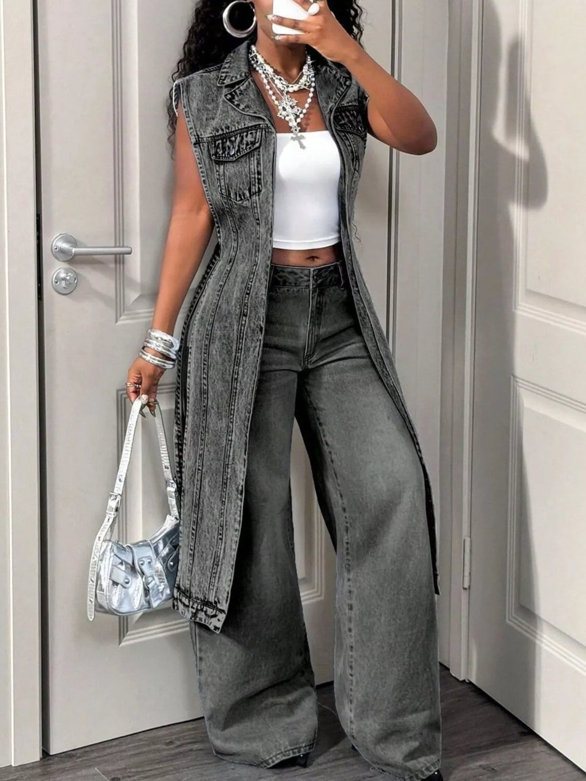 High-Low Open Front Denim Vest in Gray