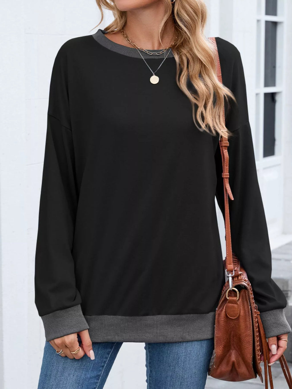 Contrast Trim Long Sleeve Sweatshirt - Lilixa.store