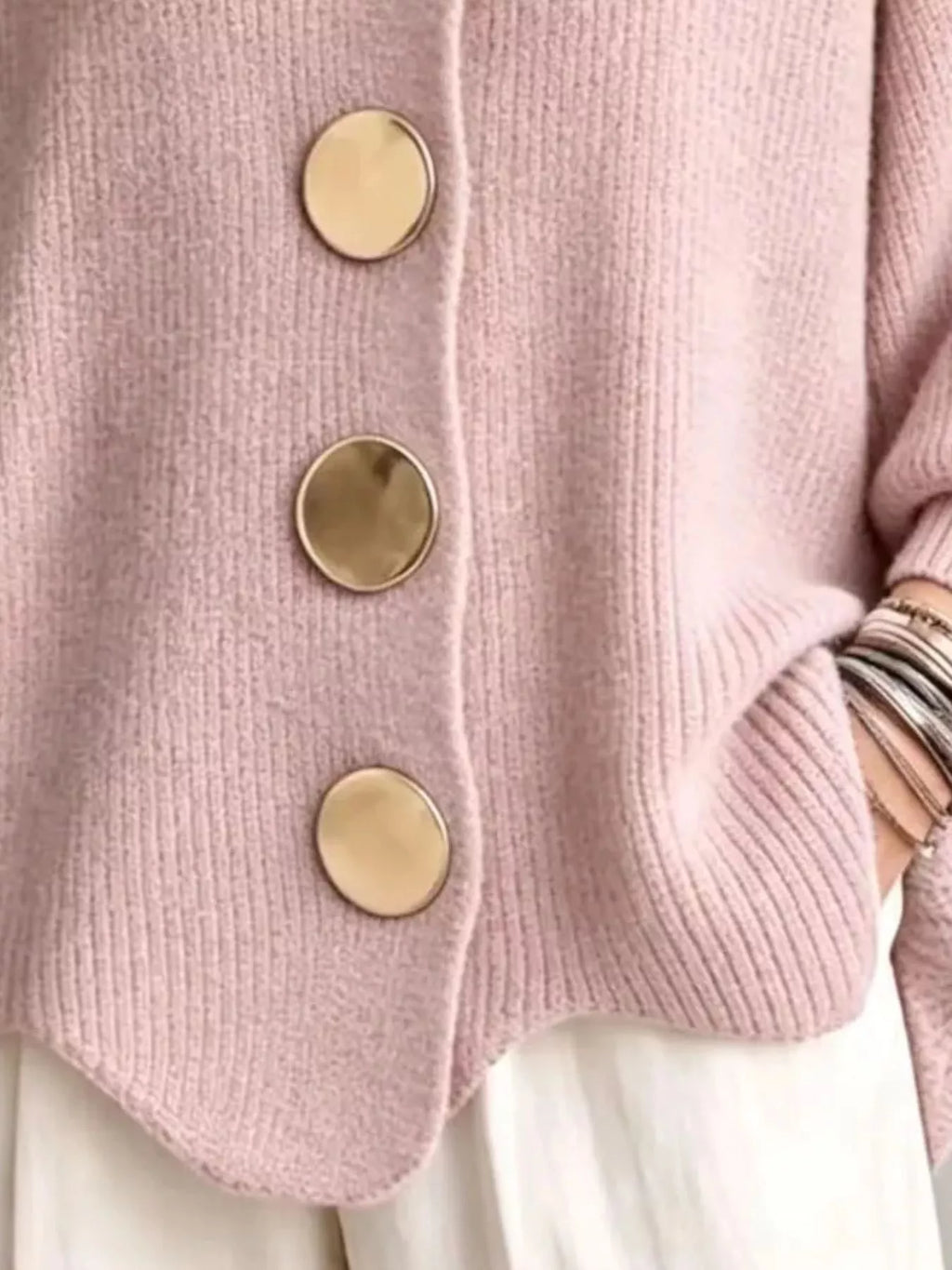 Full Size Gold Buttons Lantern Sleeve Cardigan Plus Size - Lilixa.store