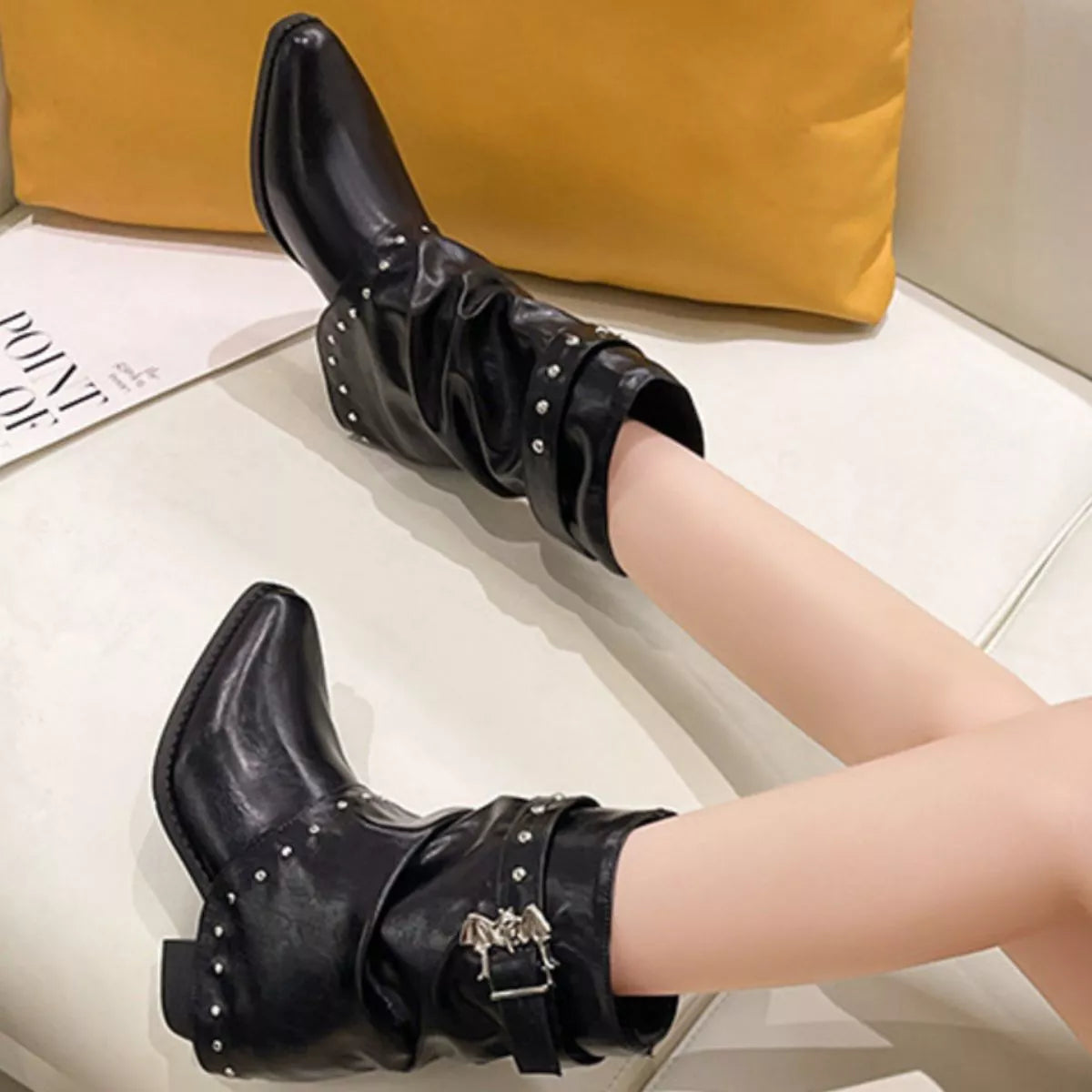 Rivet Embellished Slouchy Mid-Calf Boots in Black, view 4