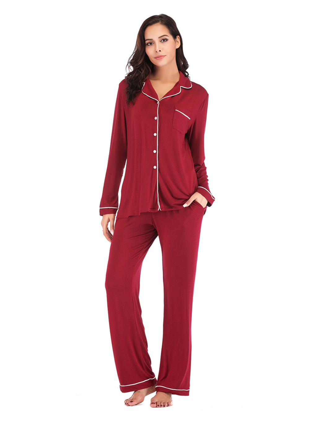 Collared Neck Long Sleeve Loungewear Set with Pockets - Lilixa.store