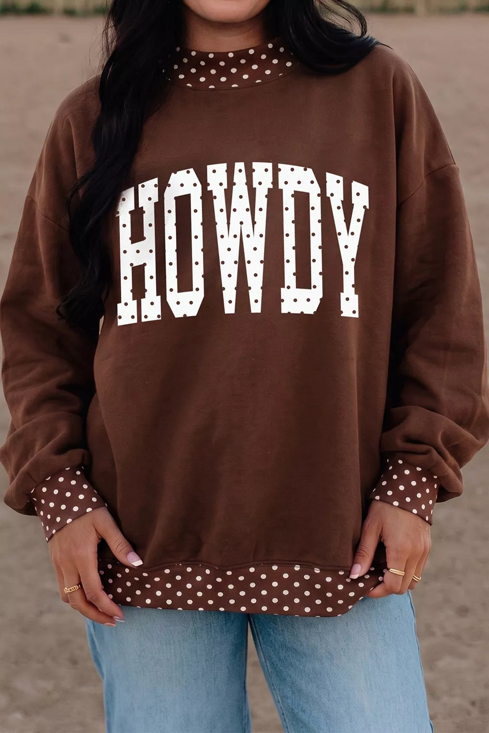 'HOWDY' Graphic Polka Dot Trim Sweatshirt - Lilixa.store
