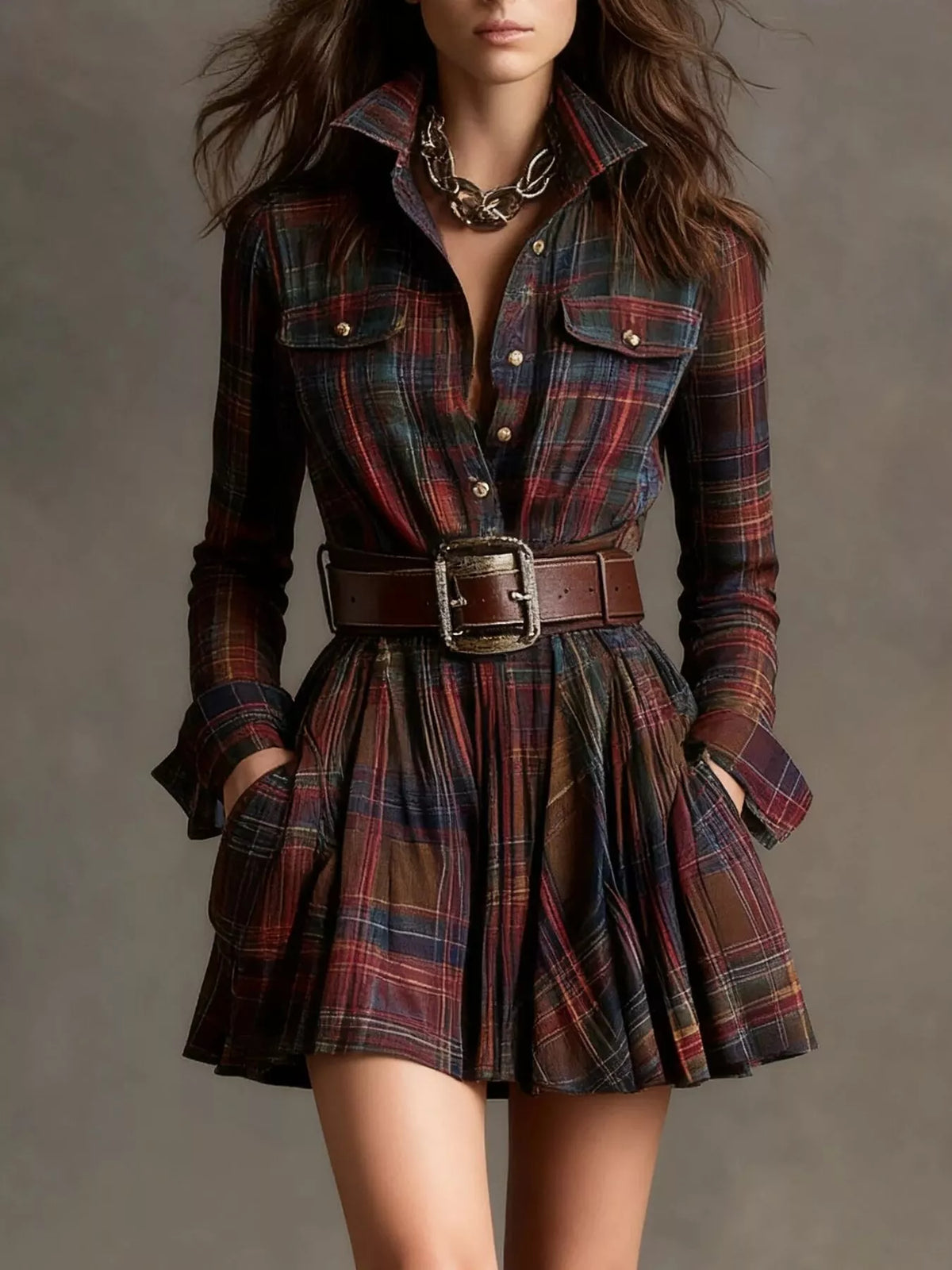 Full Size Plaid Long Sleeve Shirt Dress Plus Size - Lilixa.store