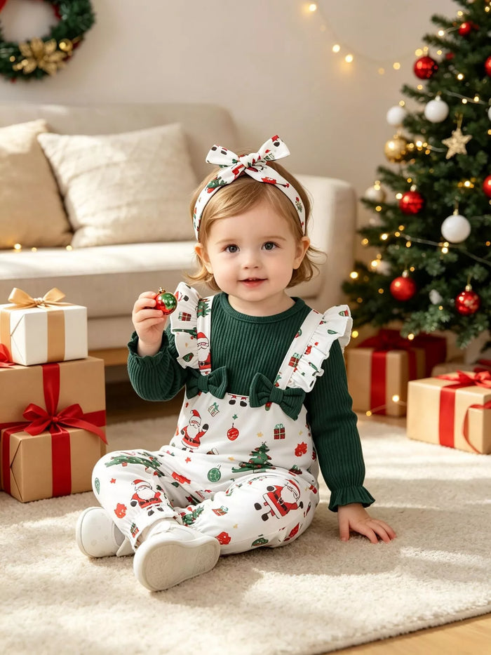 Children's Christmas Santa Print Ruffle Trim Jumpsuit Set with Headband in Green