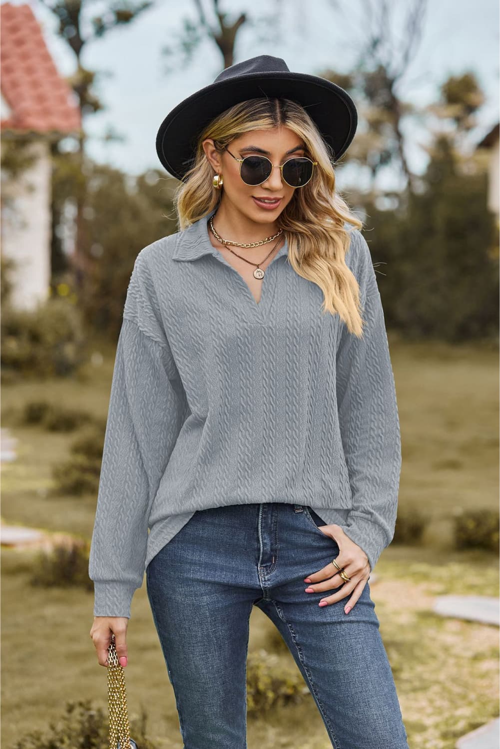 Collared Neck Cable-Knit Long Sleeve Blouse in Light Blue