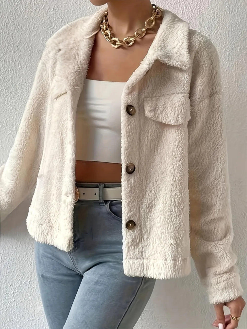 Collared Neck Button Up Jacket with Decorative Pocket Flaps in Beige, view 3
