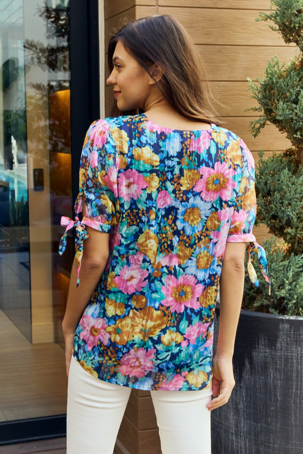 Petal Dew Full Size Floral V-Neck Tie Detail Blouse in Navy/Pink, view 3