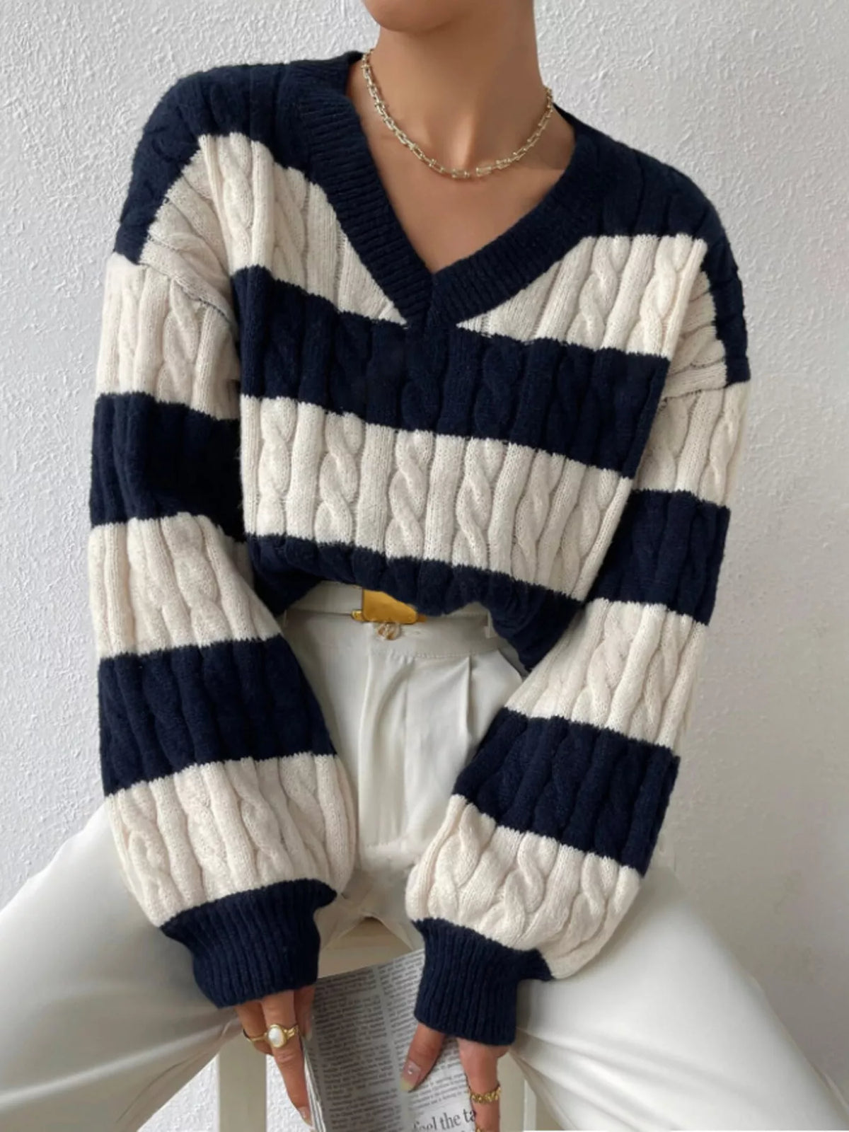 V-Neck Striped Cable Knit Sweater