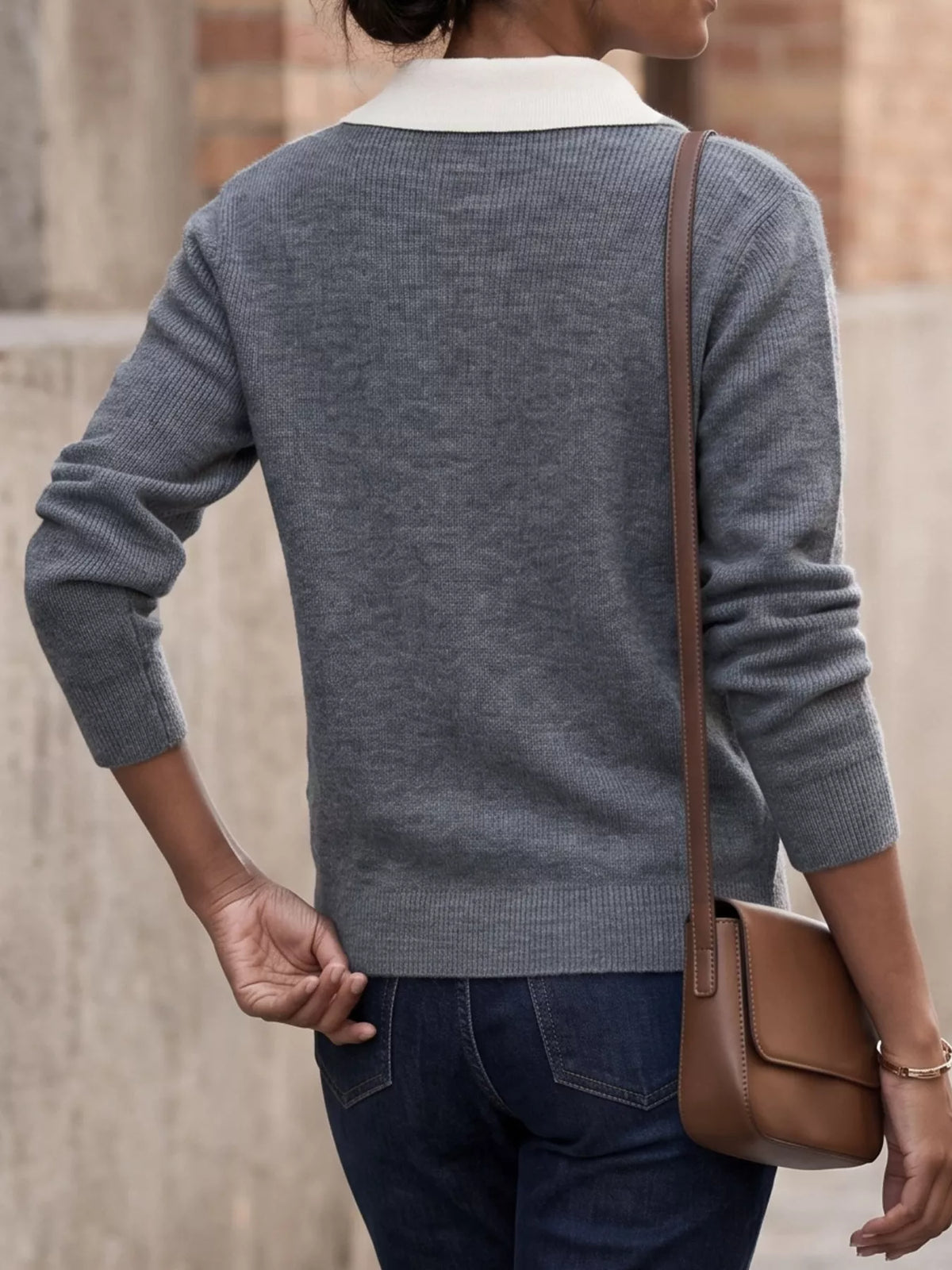Contrast Collar Quarter Zip Sweater - Lilixa.store