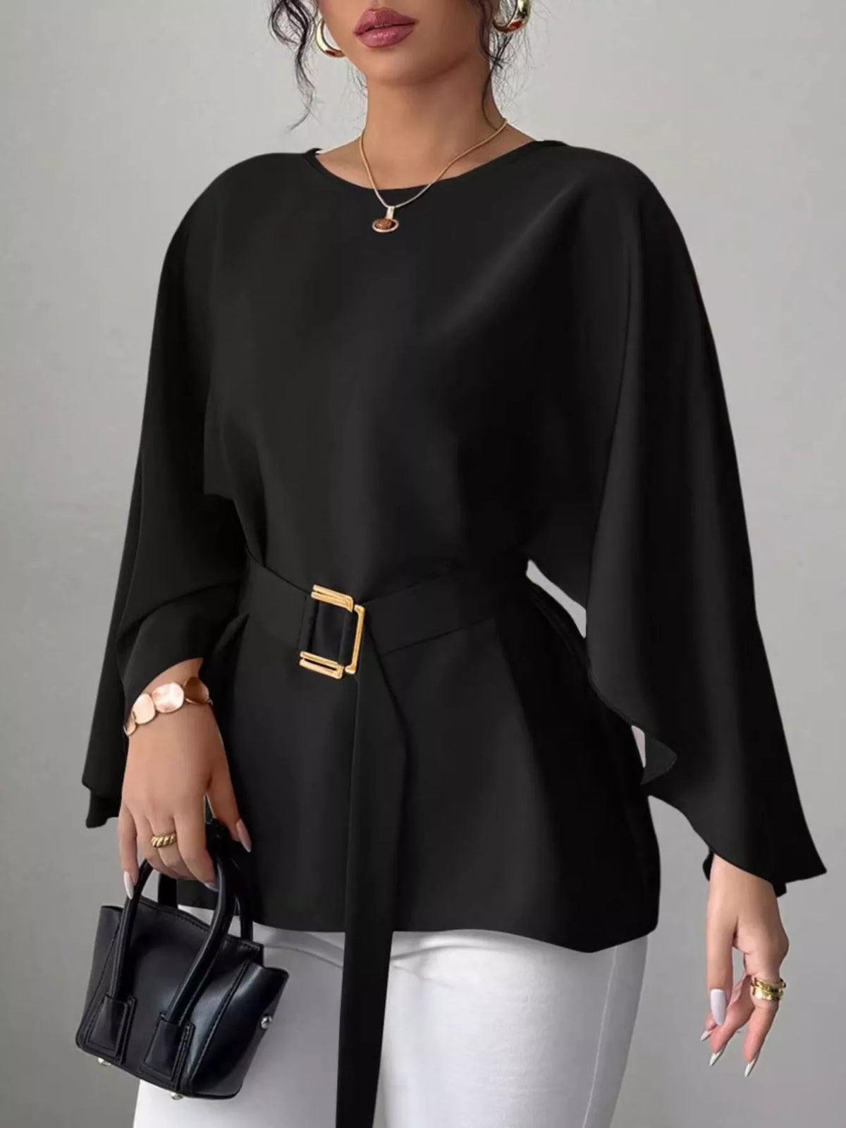 Round Neck Belt Batwing Sleeve Blouse - Lilixa.store