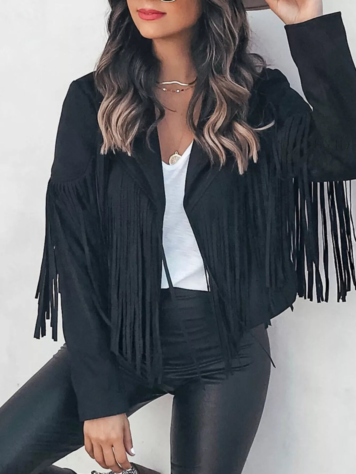 Fringe Open Front Cropped Jacket in Black