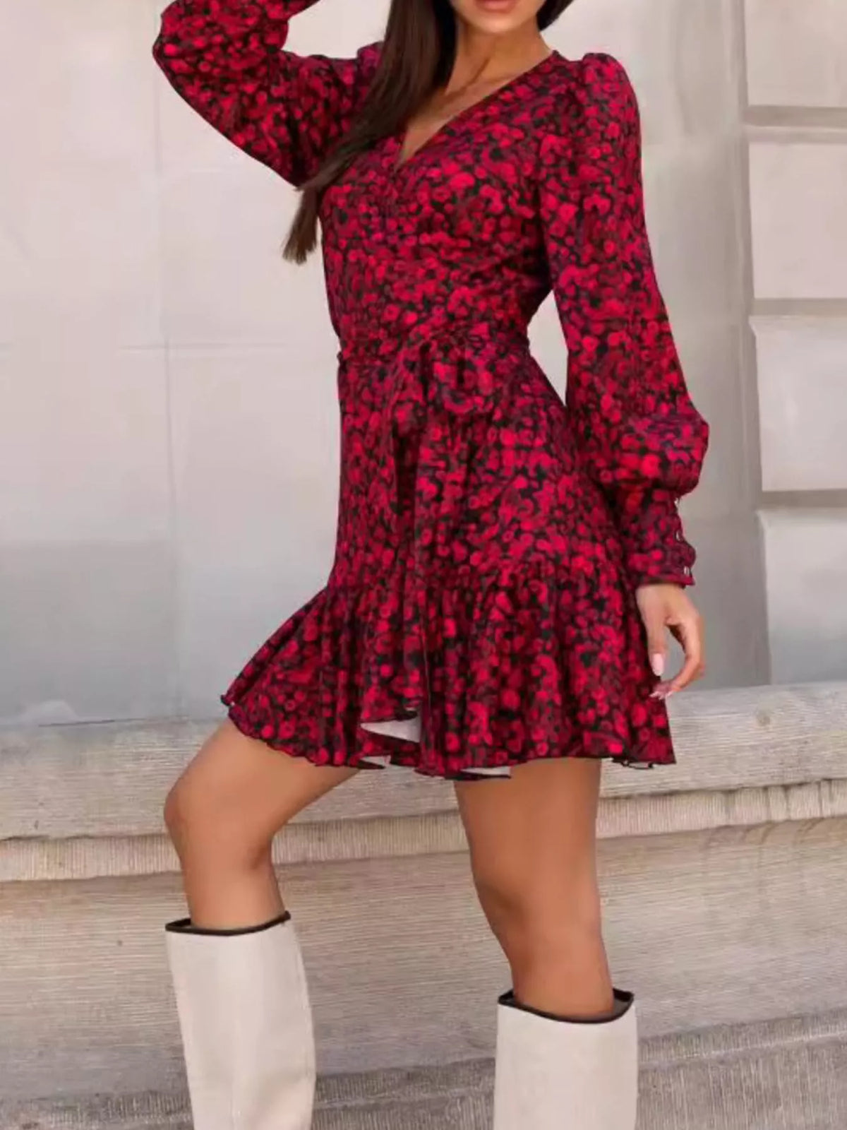 Printed Surplice Long Sleeve Wrap Mini Dress - Lilixa.store
