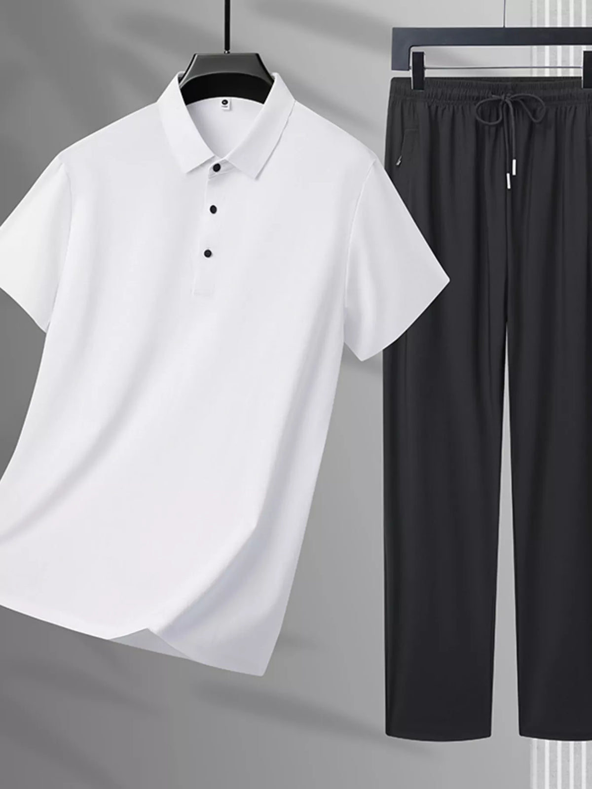 Men's Plus Size Button Detail Polo and Pants Set in White