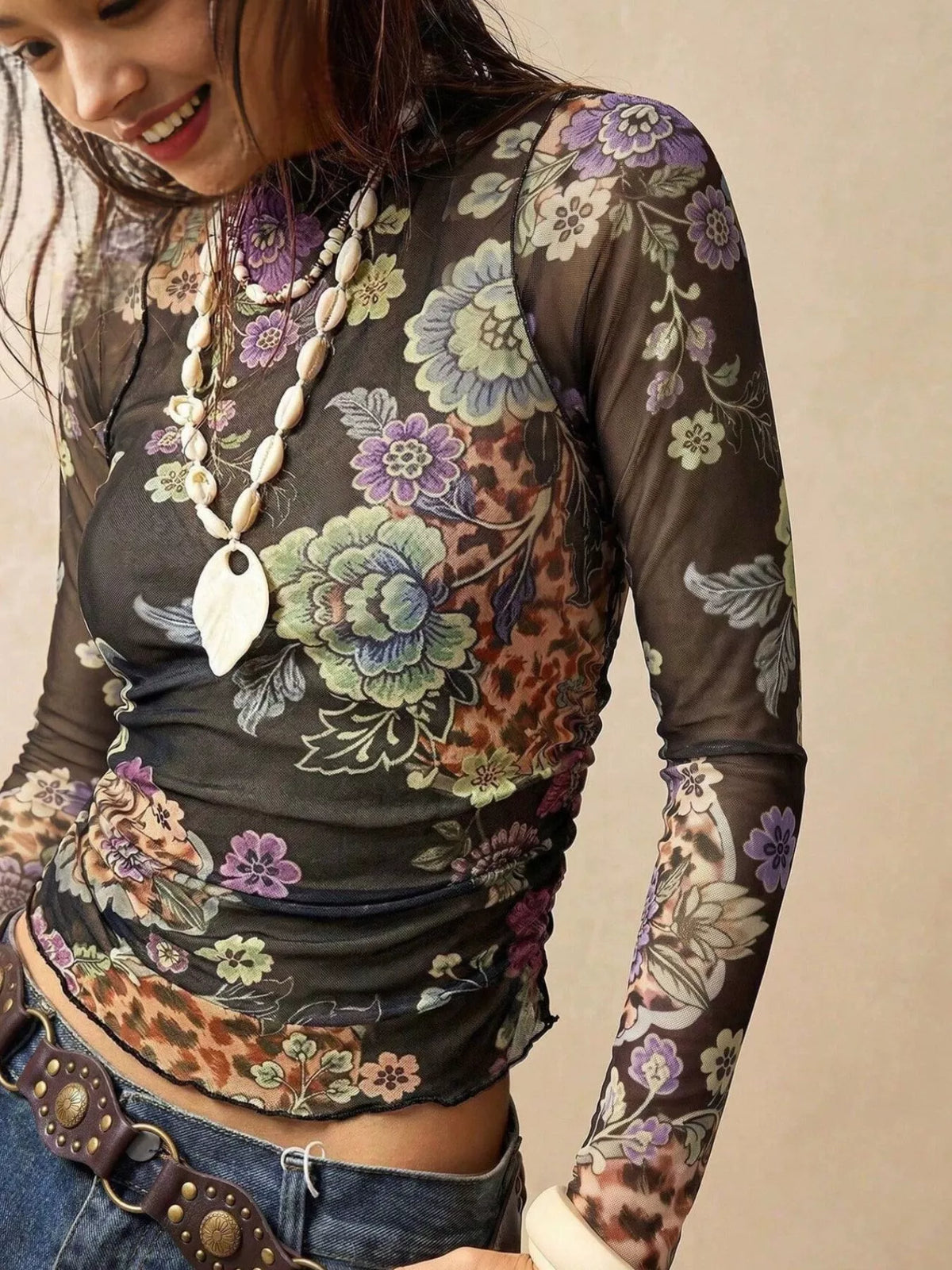 Floral Mesh Long Sleeve Top, view 4