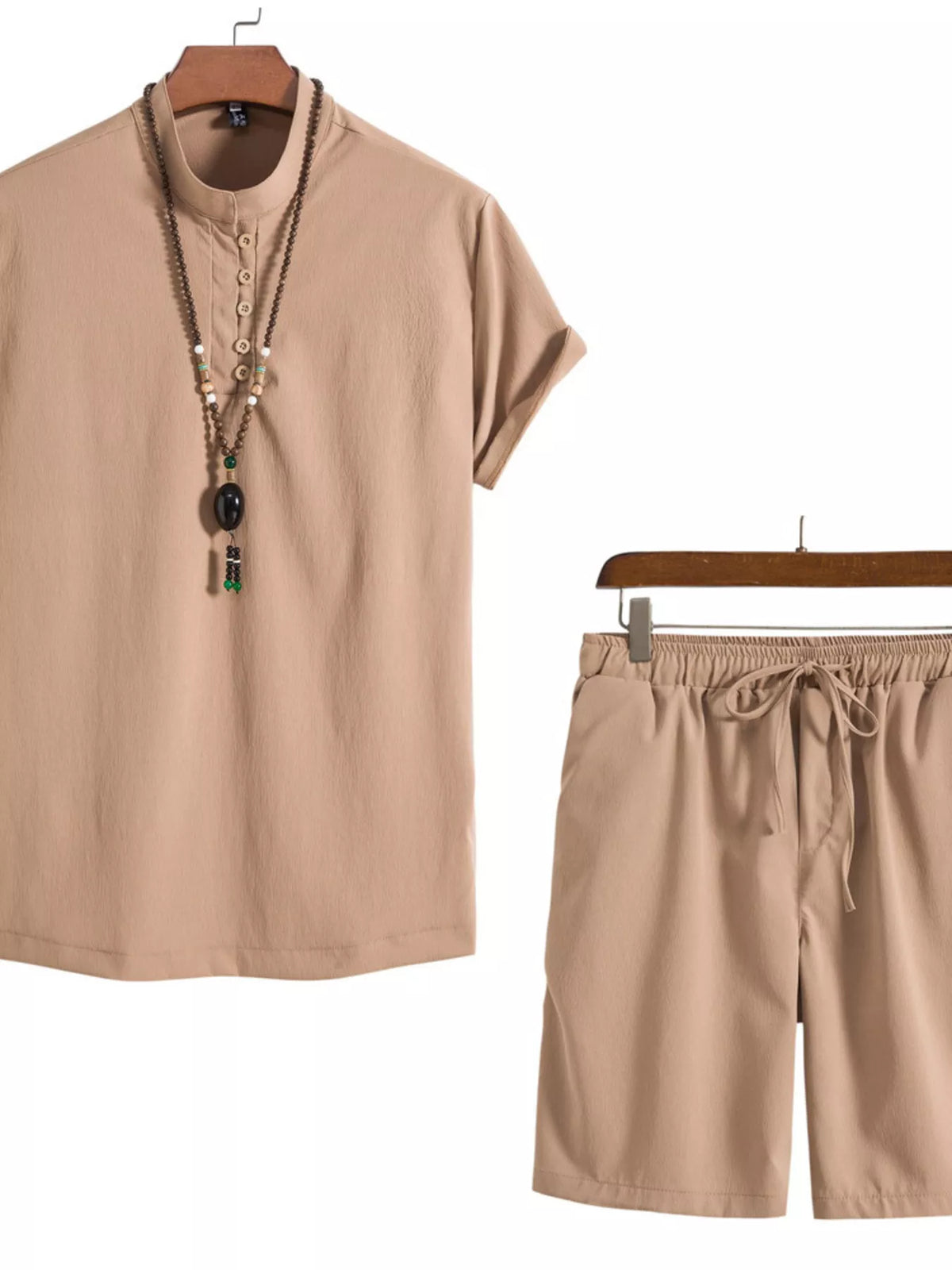 Men's Plus Size Casual Mandarin Collar Short Sleeve Shirt and Shorts Set - Lilixa.store