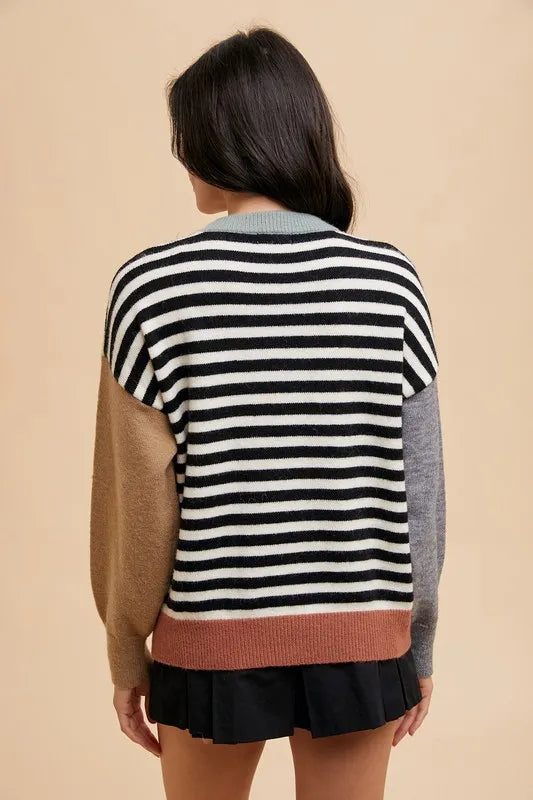 Annie Wear Striped Color Block Round Neck Sweater - Lilixa.store