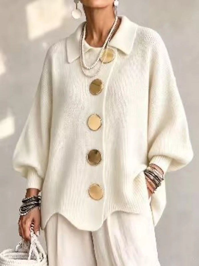 Full Size Gold Buttons Lantern Sleeve Cardigan Plus Size - Lilixa.store