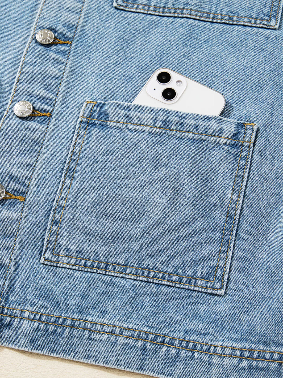 Patched Pockets Side Tie Denim Jacket, view 12